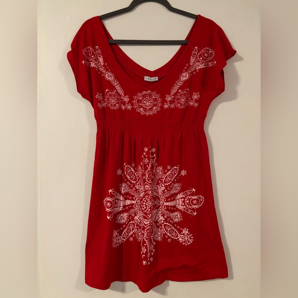 VENUS women’s printed swim cover up. Red with bohemian white detail.